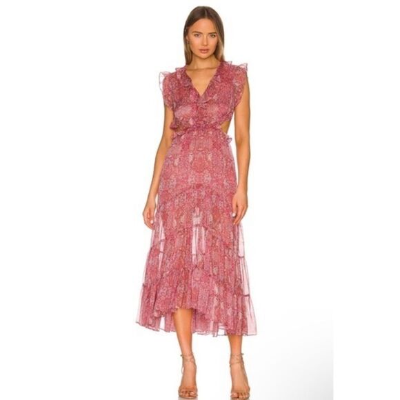 MISA Ruffle Cut Out Floral Maxi Natasha Dress in Washed Rose Lilac XL - Picture 1 of 7